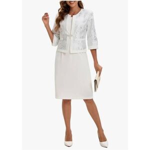 Women's 12 White Two Piece Dress Church Suit Formal Jacquard Embroidery Jacket